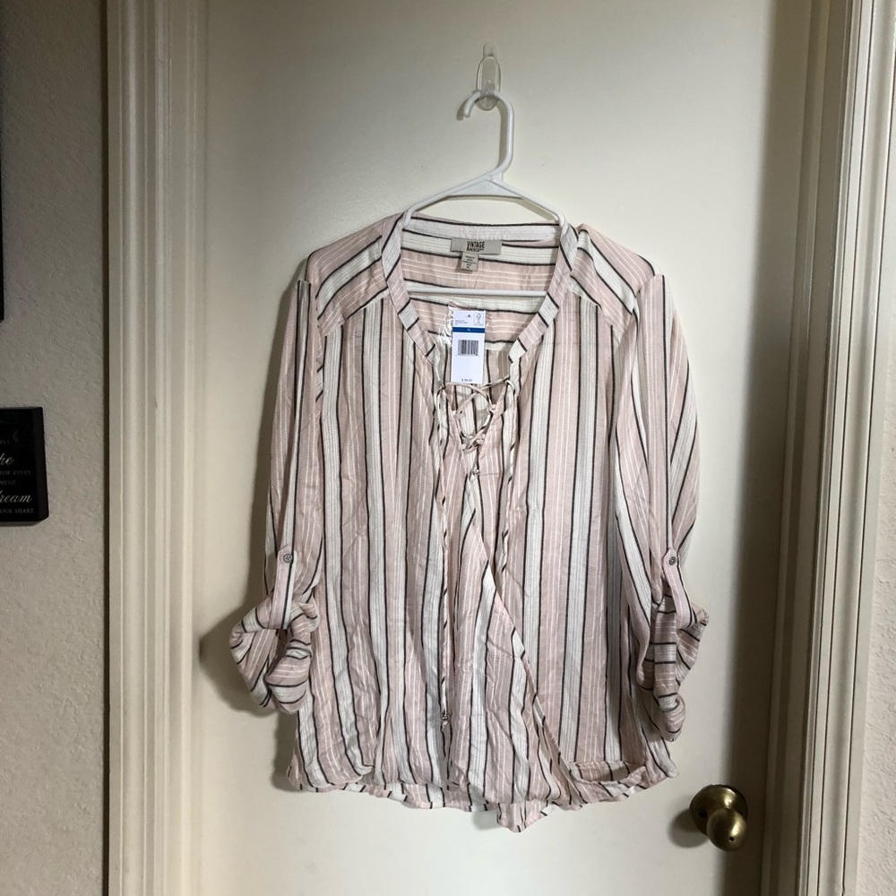 NWT Pale Pink / Grey Striped Faux Wrap Blouse
